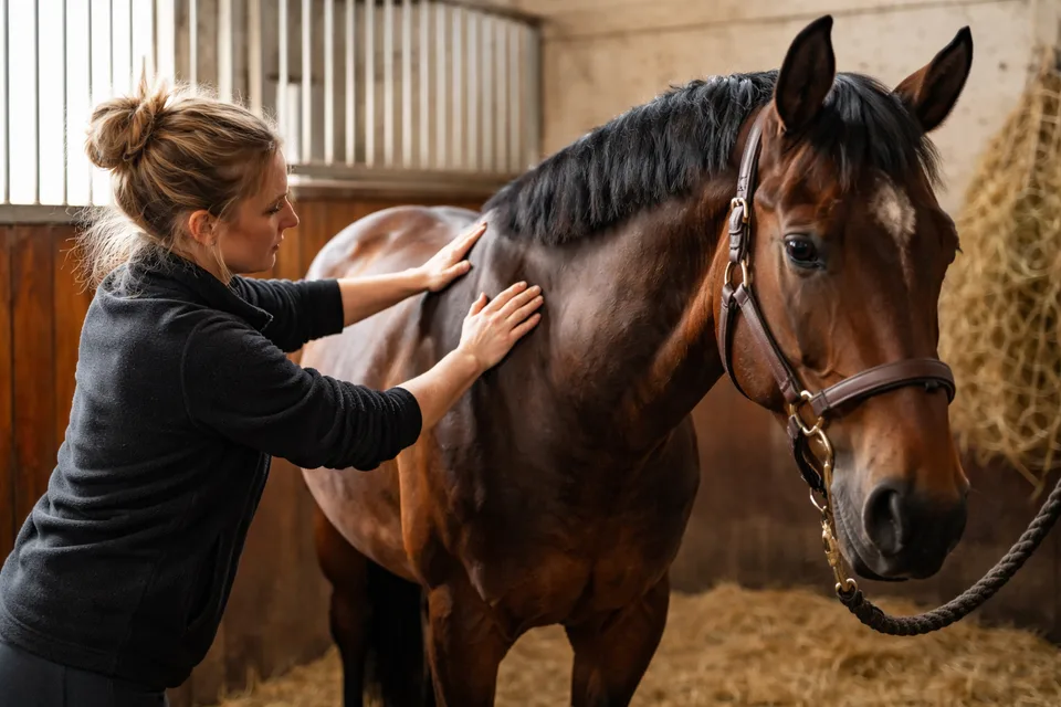 Massage équin professionnel sur un cheval